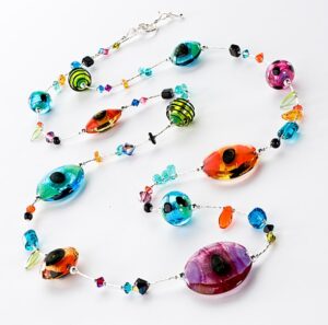 A necklace strung with colorful glass beads